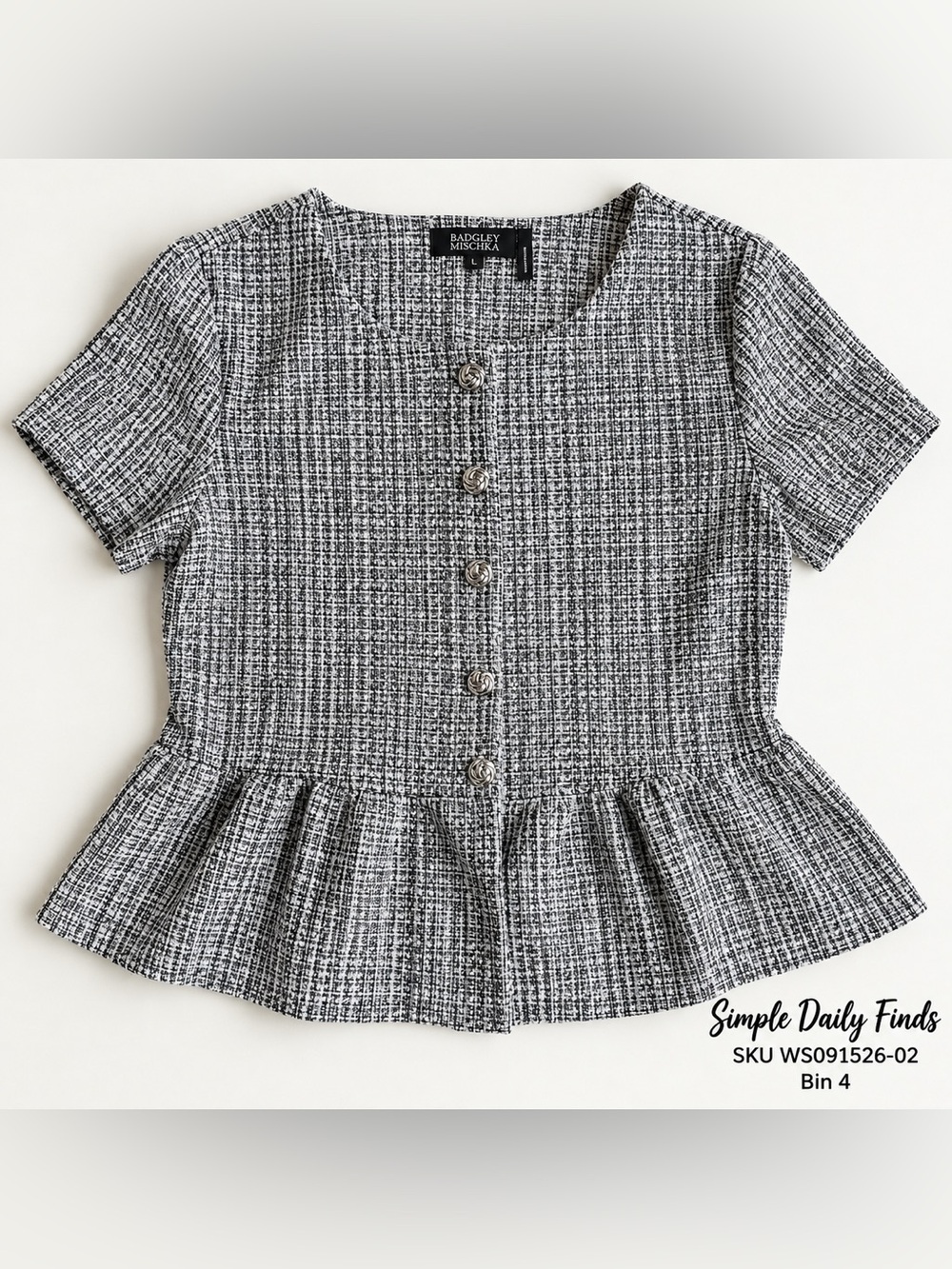 Badgley Mischka L Tweed Peplum Top Metallic Statement Buttons